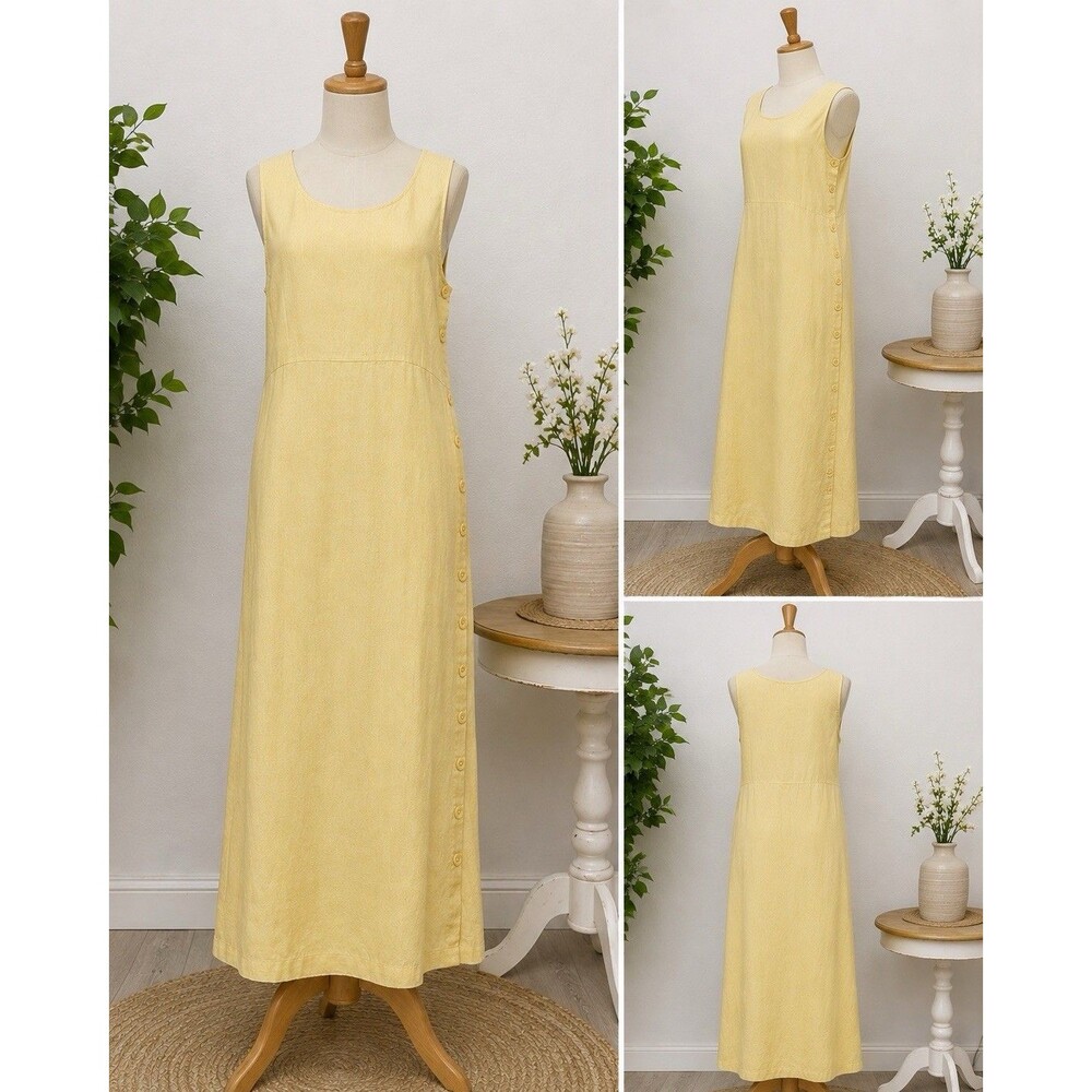 Emma James Women's 8 Linen Rayon Midi Dress Side Buttons Dress Beige Sleeveless